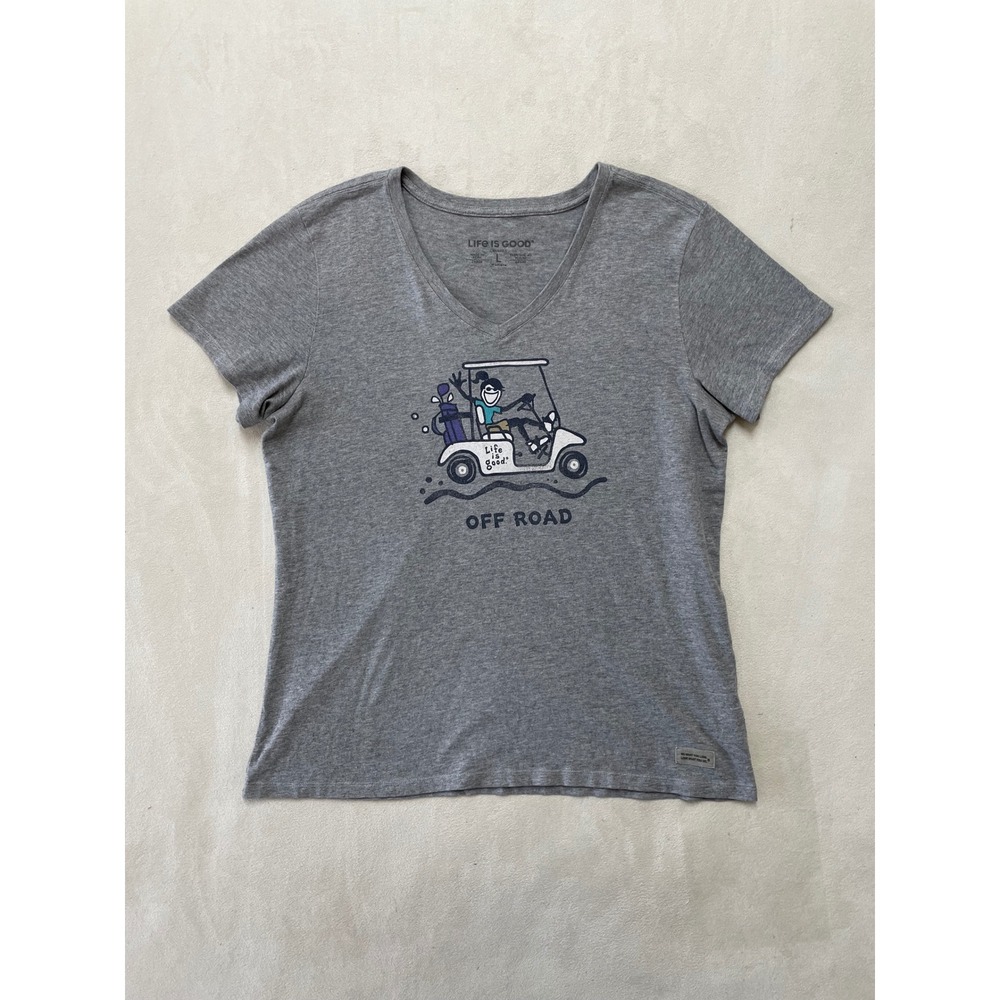 Life is Good Womens Crusher Tee Gray V-Neck Golf Cart Off Road Graphic Shirt L